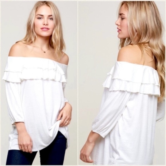 New Women's White Off The Shoulder Top With Two Tier Ruffles - Picture 2 of 2